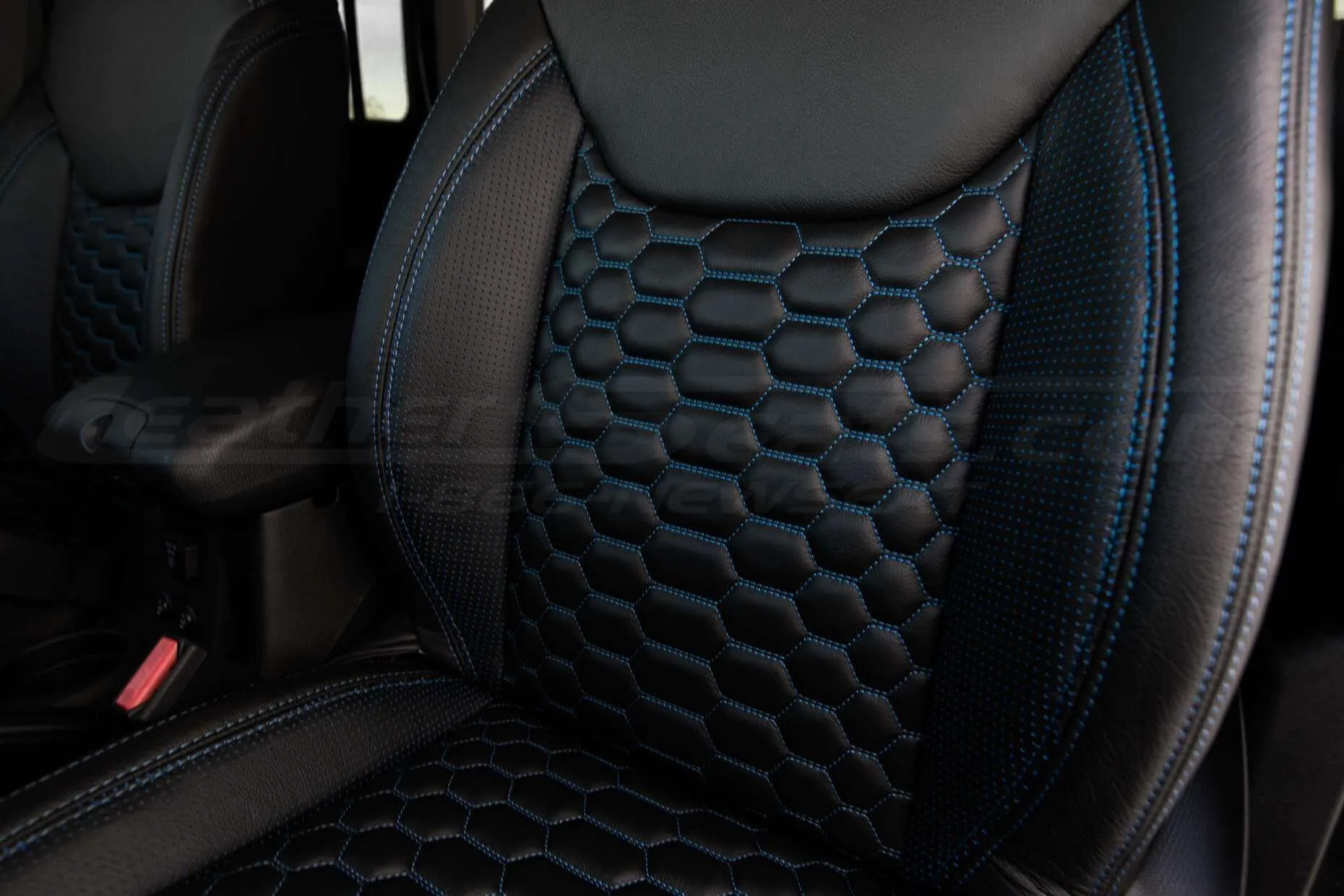 2013-2018 Jeep Wrangler Bespoked Leather Seats Installed- Black & Cobalt - Reticulated Hex backrest insert