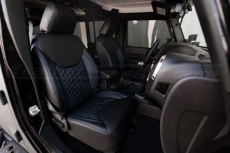 2013-2018 Jeep Wrangler Bespoked Leather Seats Installed- Black & Cobalt - Front interior passenger side view