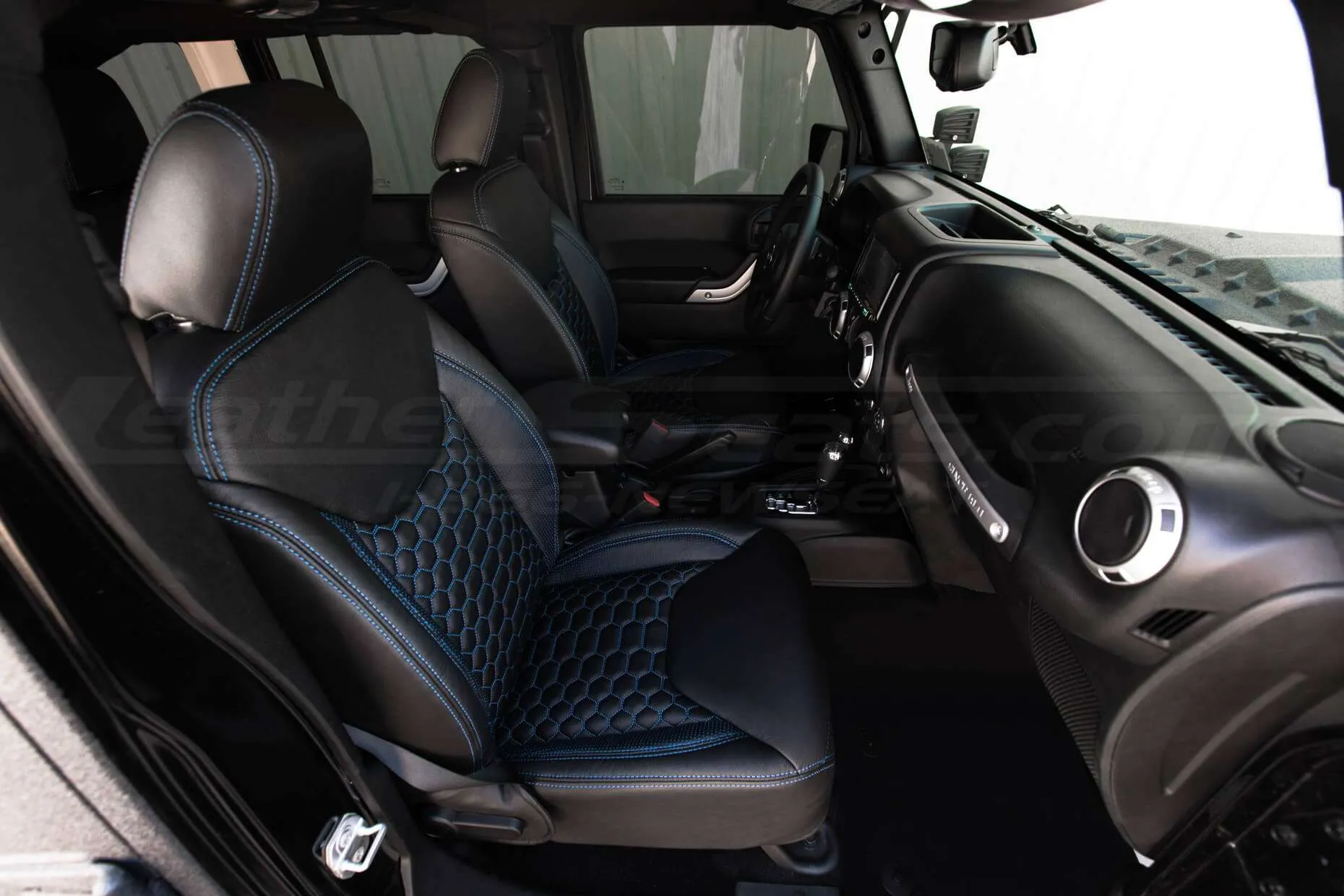 2013-2018 Jeep Wrangler Bespoked Leather Seats Installed- Black & Cobalt - Front interior passenger overhead view