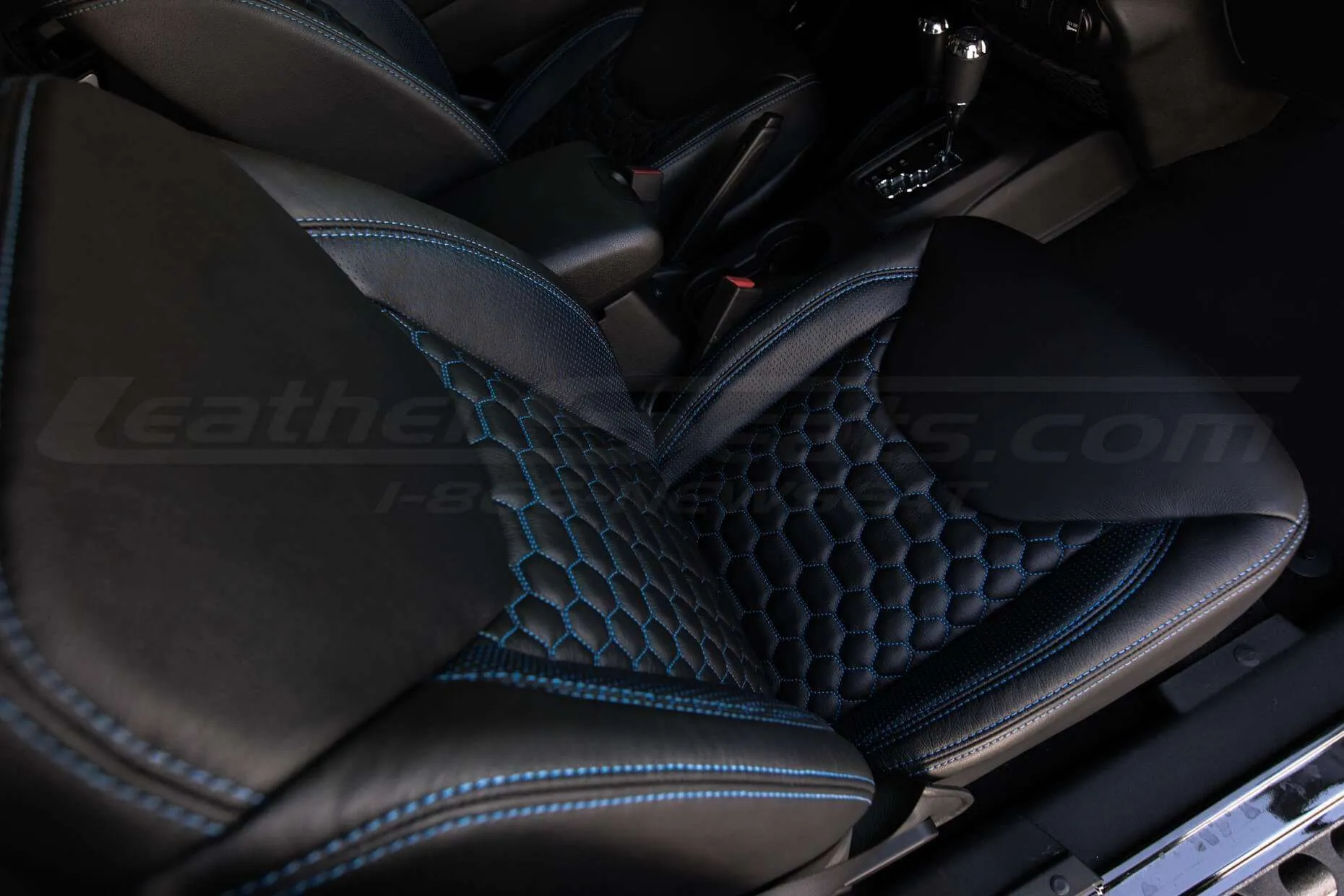 2013-2018 Jeep Wrangler Bespoked Leather Seats Installed- Black & Cobalt - Front passenger seat top-down view