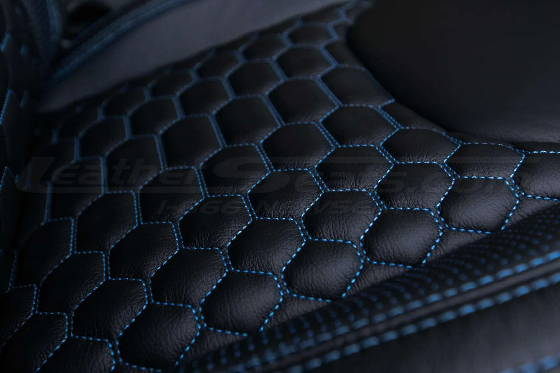 2013-2018 Jeep Wrangler Bespoked Leather Seats Installed- Black & Cobalt - CNC Stitched Reticulated Hex close-up