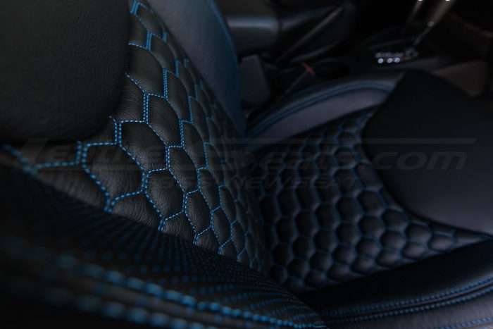 2013-2018 Jeep Wrangler Bespoked Leather Seats Installed- Black & Cobalt - Passenger seat Reticulated Hex top-down view