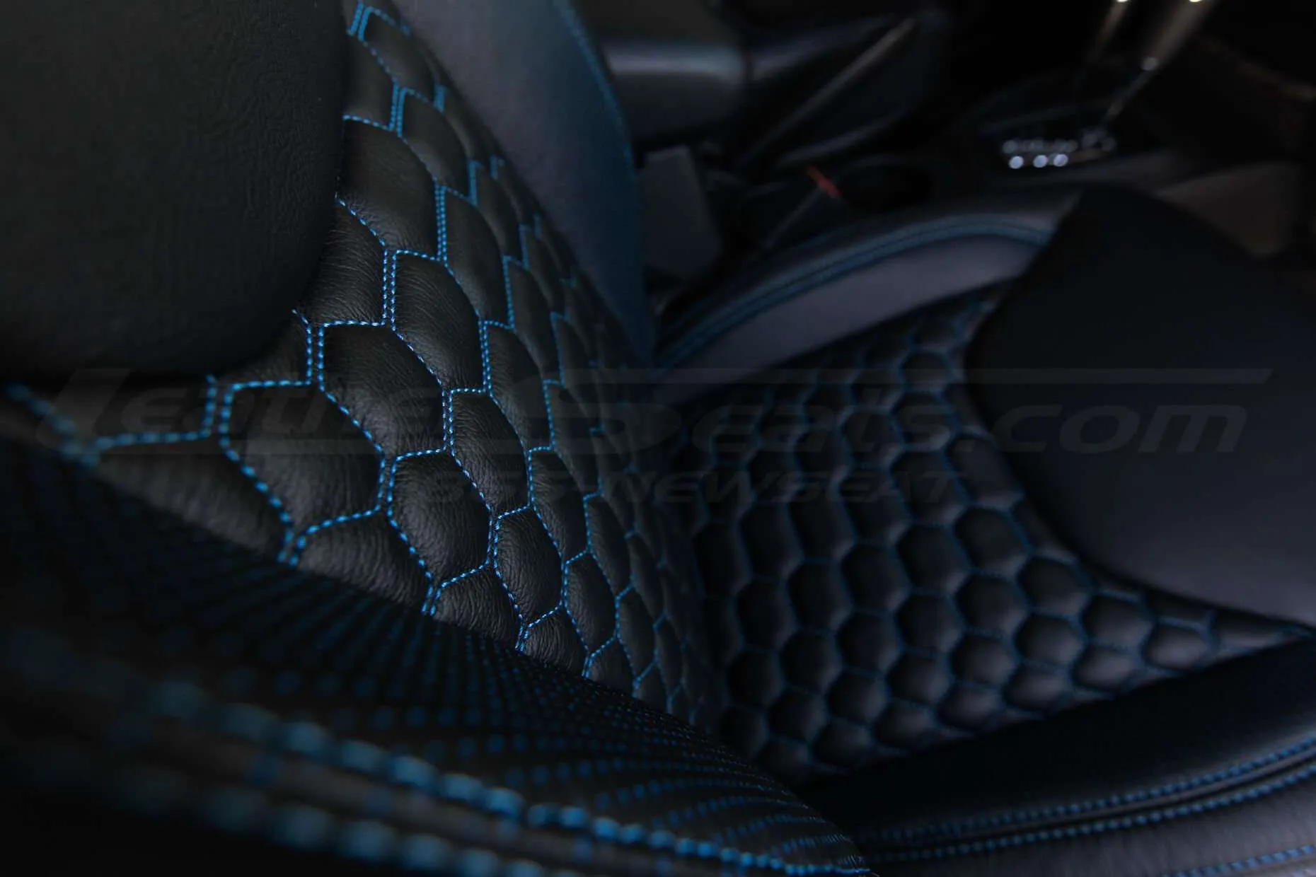 2013-2018 Jeep Wrangler Bespoked Leather Seats Installed- Black & Cobalt - Passenger seat Reticulated Hex top-down view
