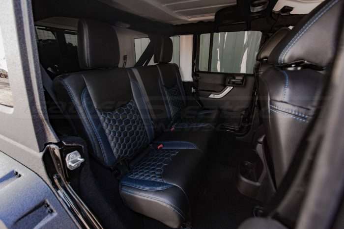 2013-2018 Jeep Wrangler Bespoked Leather Seats Installed- Black & Cobalt - Rear seats from passenger side