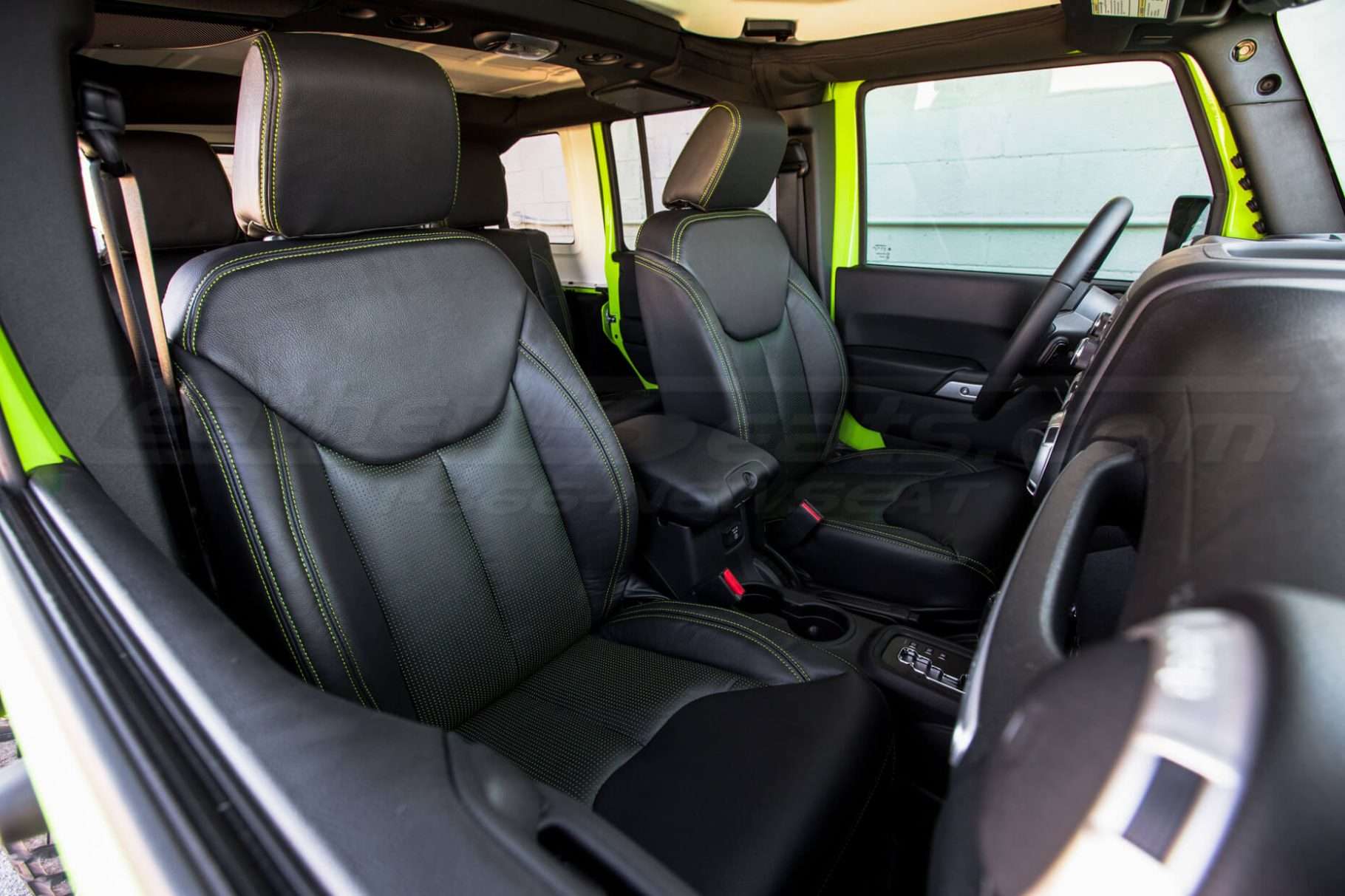 Jeep Wrangler Installed Leather Seats - Black & Piazza Green - Front interiors from passenger side