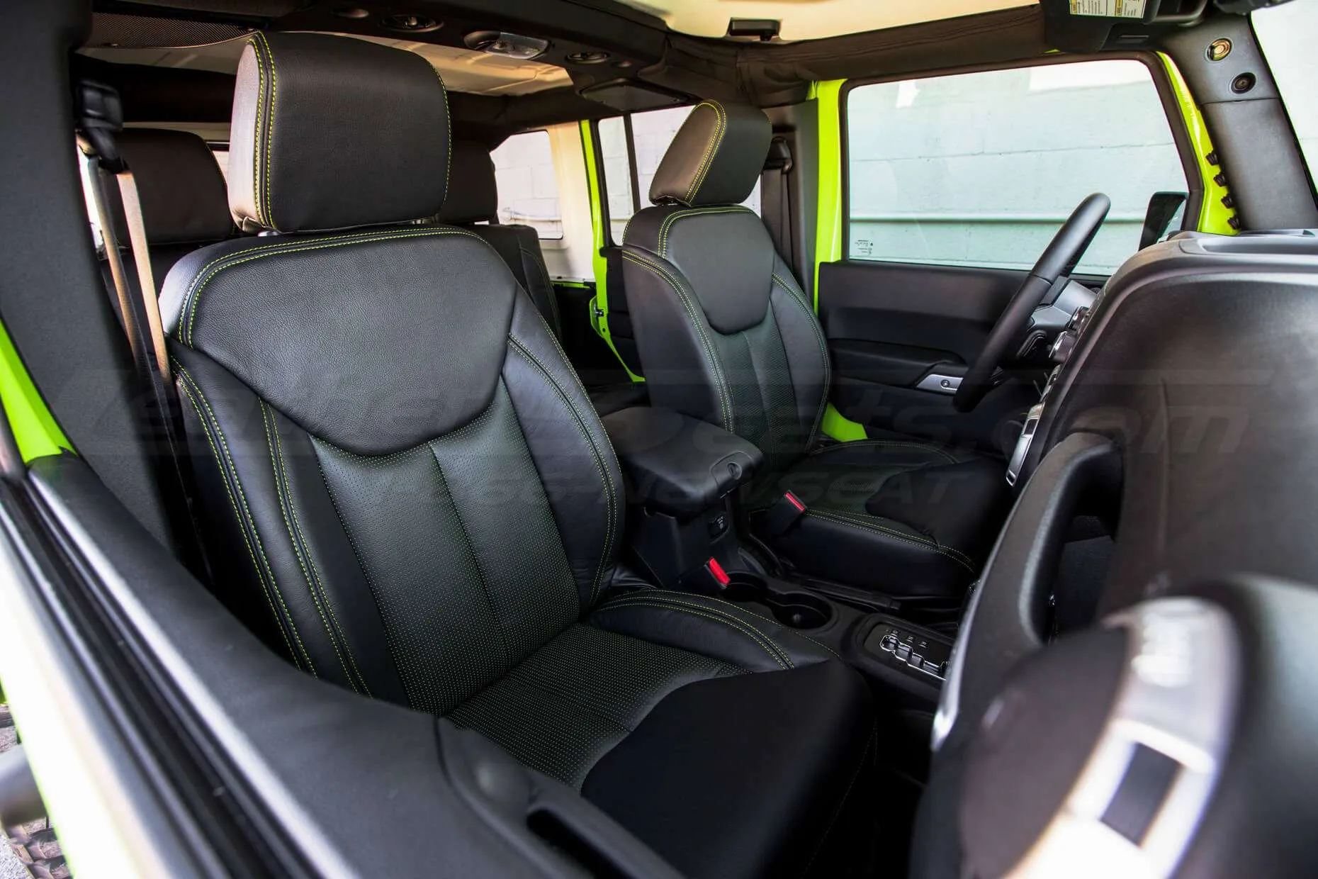 Jeep Wrangler Installed Leather Seats - Black & Piazza Green - Front interiors from passenger side