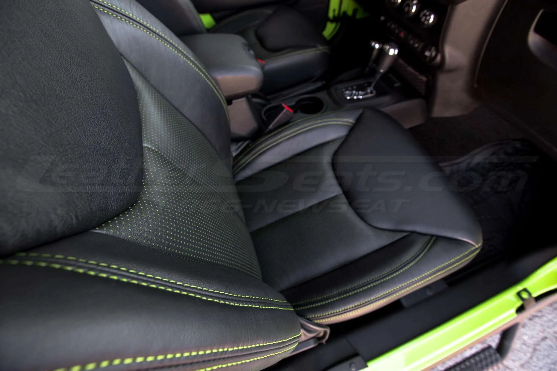 Jeep Wrangler Installed Leather Seats - Black & Piazza Green - Front passenger seat - top-down view