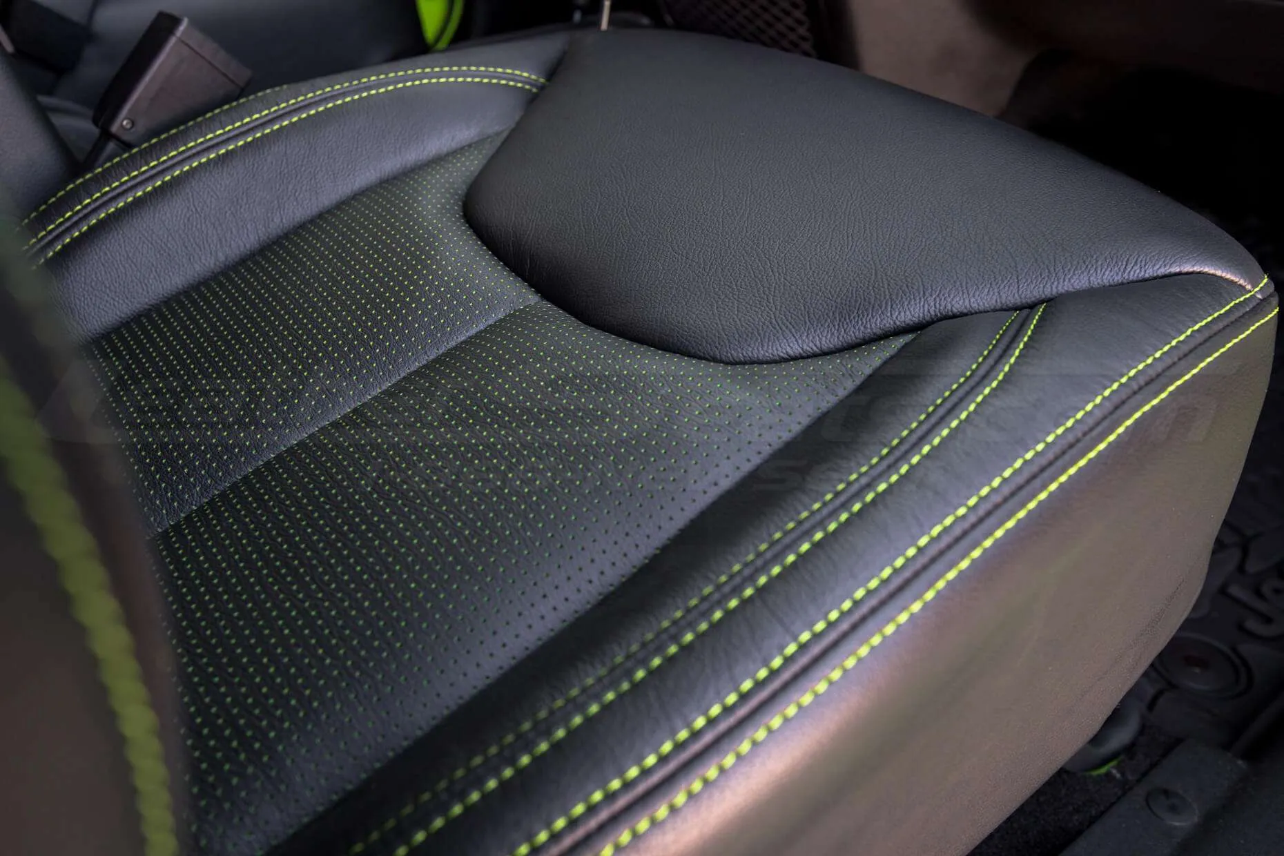 Jeep Wrangler Installed Leather Seats - Black & Piazza Green - Bottom seat cushion piazza perforation close-up
