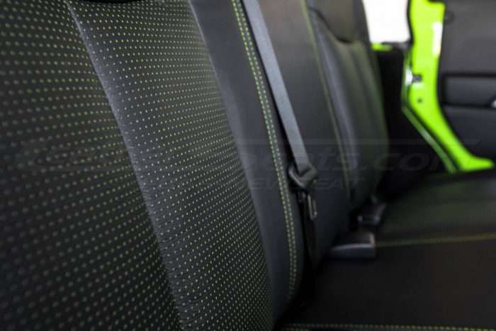 Jeep Wrangler Installed Leather Seats - Black & Piazza Green - Rear seat piazza perforation close-up