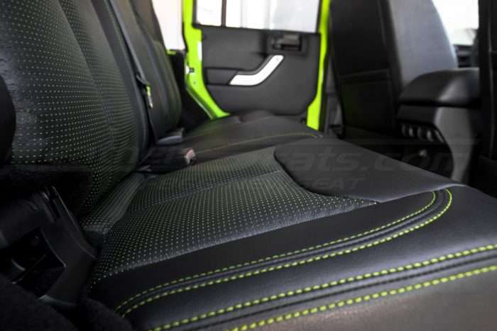 Jeep Wrangler Installed Leather Seats - Black & Piazza Green - Rear seat cushion perforation and gecko green stitching