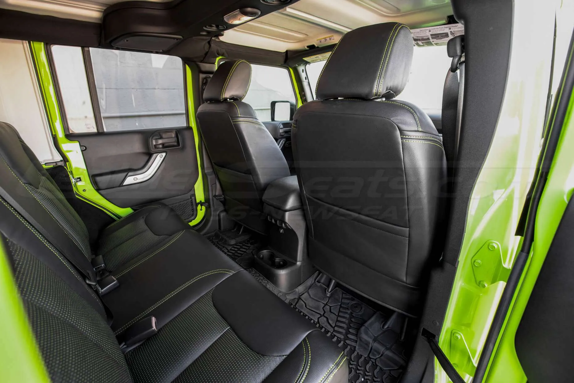 Jeep Wrangler Installed Leather Seats - Black & Piazza Green - Back view of front seats