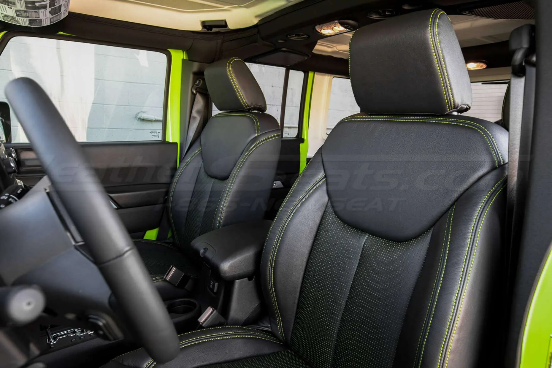 Jeep Wrangler Installed Leather Seats - Black & Piazza Green - Front backrest and headrest alternative angle
