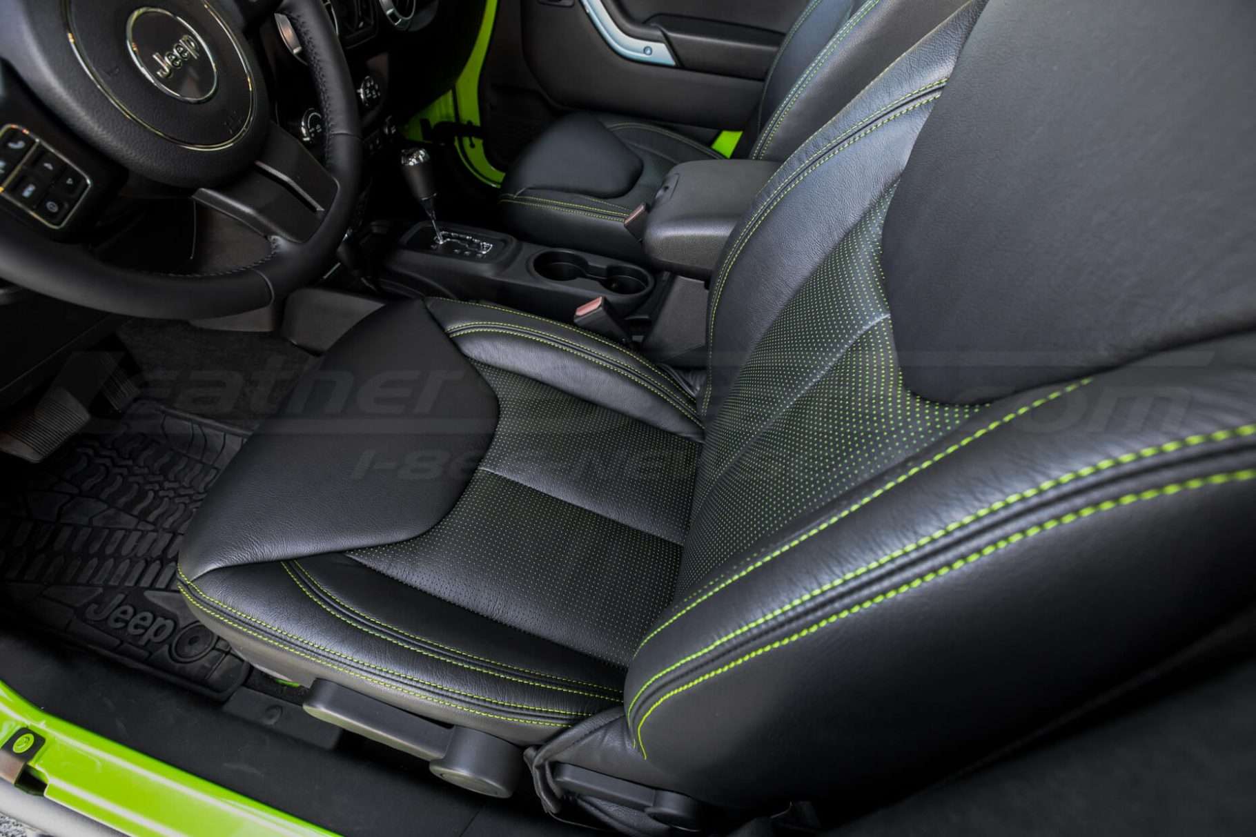 Jeep Wrangler Installed Leather Seats - Black & Piazza Green -Front drivers seat top-down view