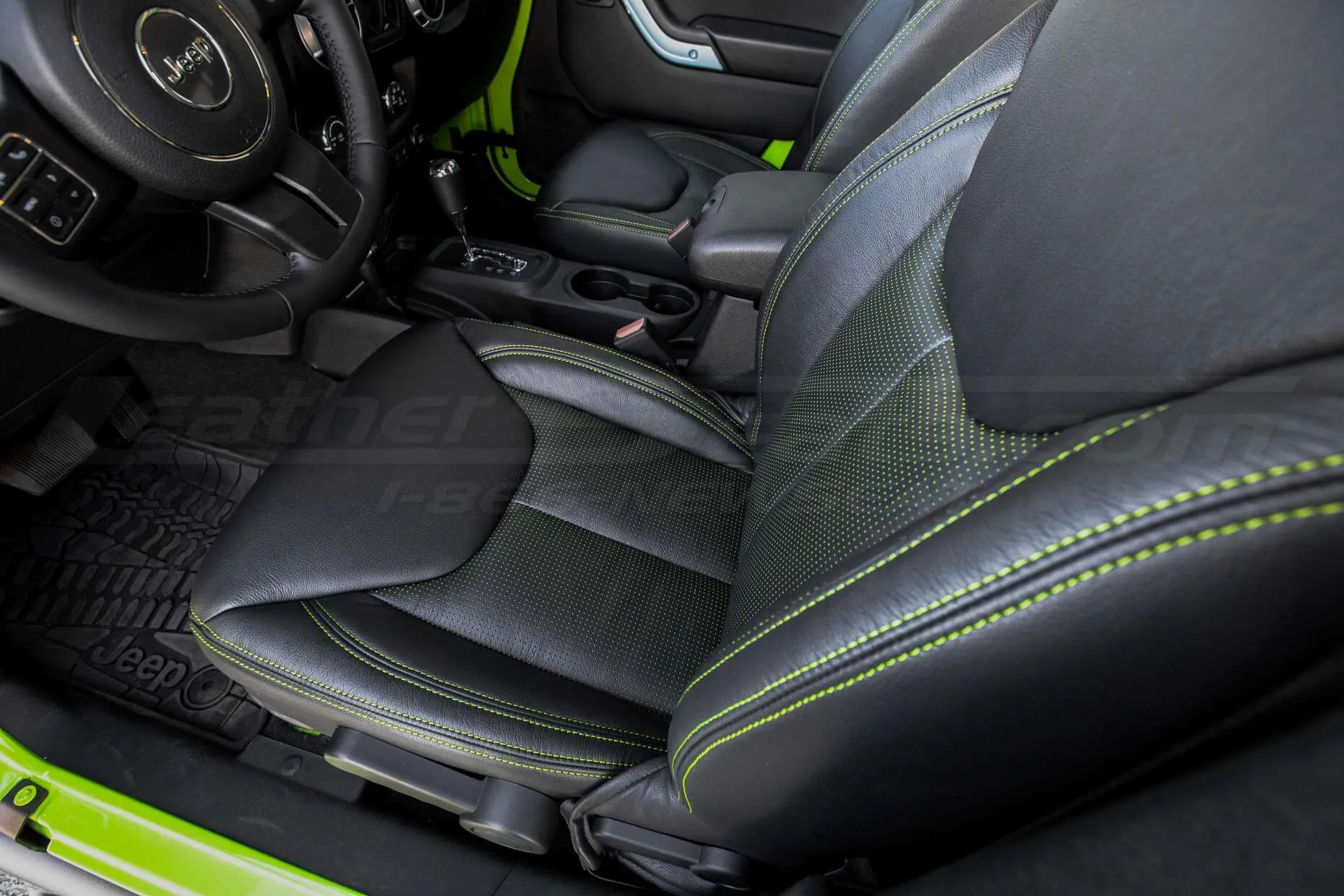 Jeep Wrangler Installed Leather Seats - Black & Piazza Green -Front drivers seat top-down view
