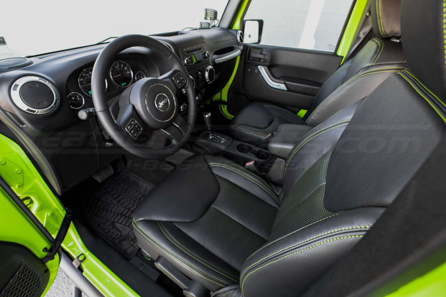 Jeep Wrangler Installed Leather Seats - Black & Piazza Green - Front drivers seat