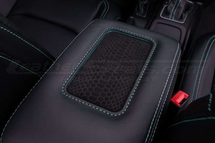 Jeep Wrangler JL Upholstery Kit - Black - Installed - Sanctum console charging pad & turquoise stitching