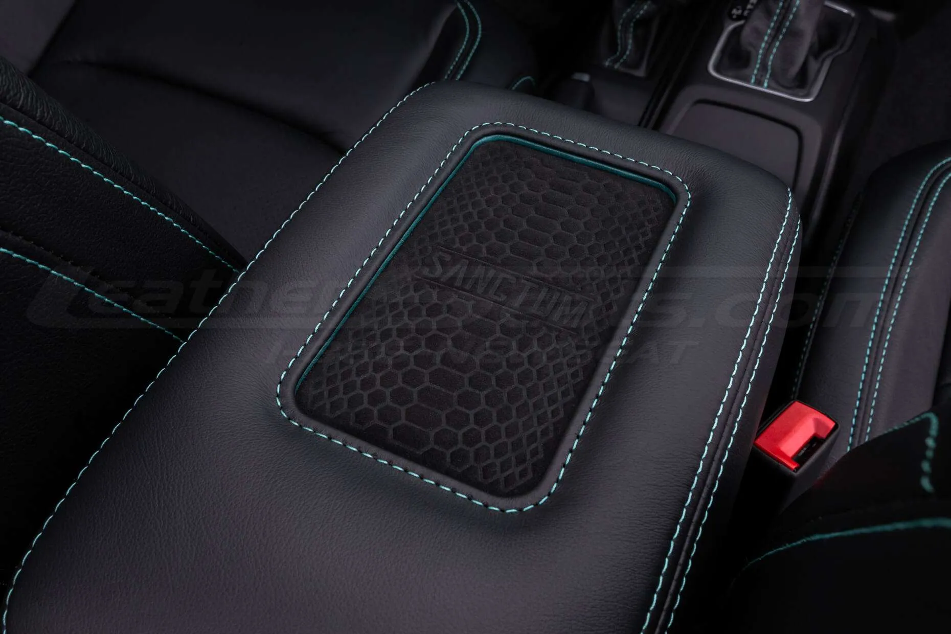 Jeep Wrangler JL Upholstery Kit - Black - Installed - Sanctum console charging pad & turquoise stitching