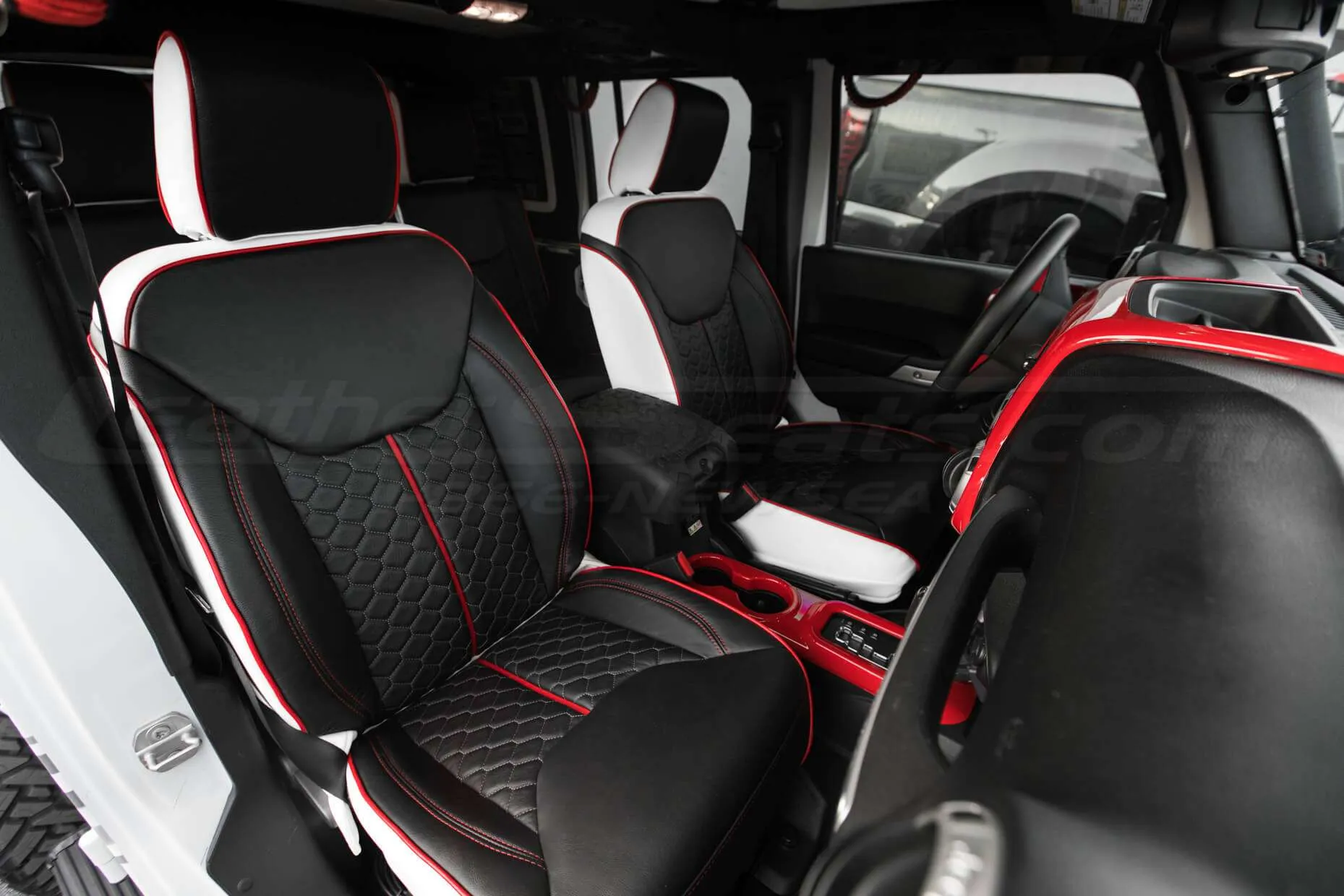 2013-2018 Jeep Wrangler Reticulated Hex installed Upholstery Kit - White/Black/Bright Red - Front interior passenger side view