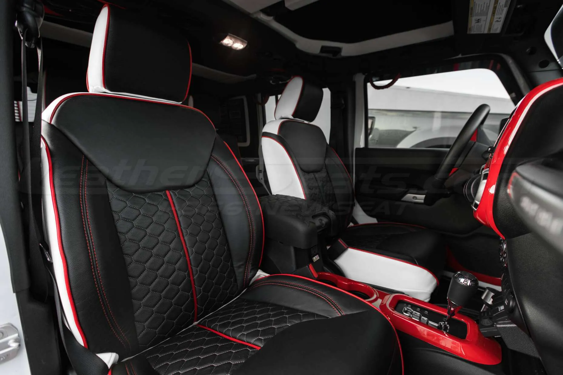 2013-2018 Jeep Wrangler Reticulated Hex installed Upholstery Kit - White/Black/Bright Red - Passenger seat backrest and headrest