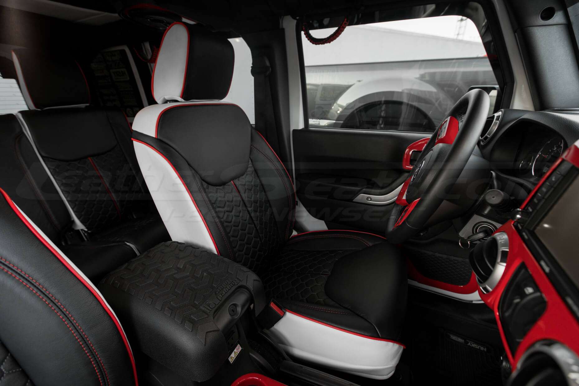 2013-2018 Jeep Wrangler Reticulated Hex installed Upholstery Kit - White/Black/Bright Red - Front drivers seat