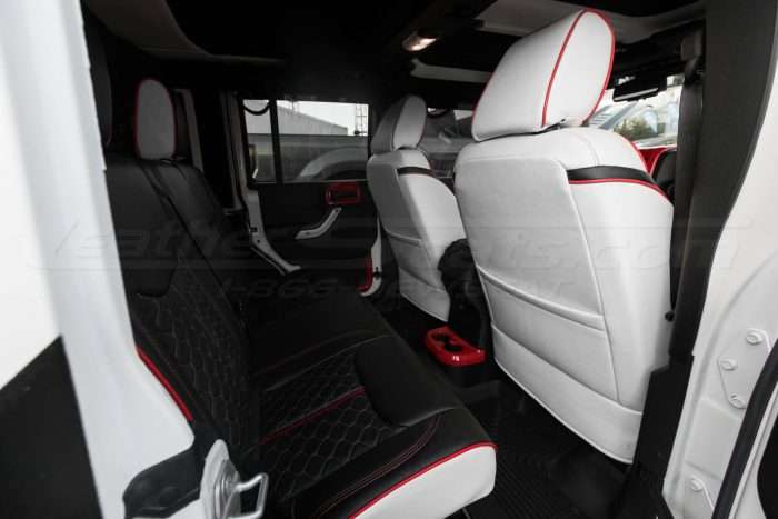 2013-2018 Jeep Wrangler Reticulated Hex installed Upholstery Kit - White/Black/Bright Red - Rear seats and back view of front seats