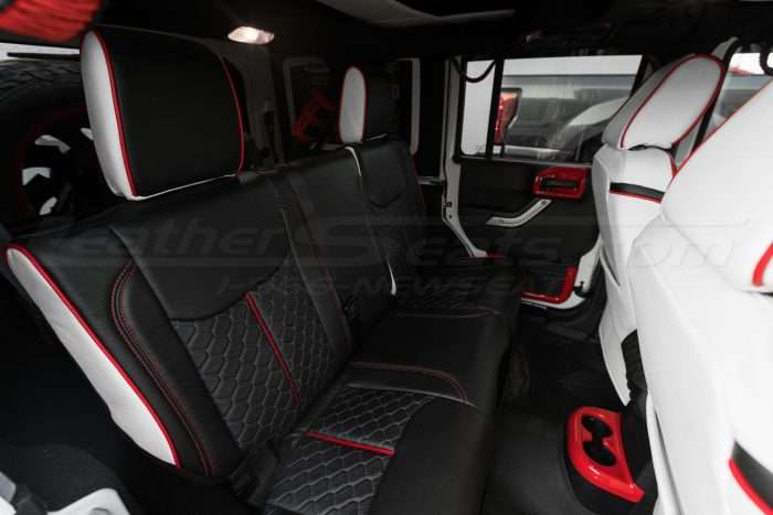 2013-2018 Jeep Wrangler Reticulated Hex installed Upholstery Kit - White/Black/Bright Red - Rear seats