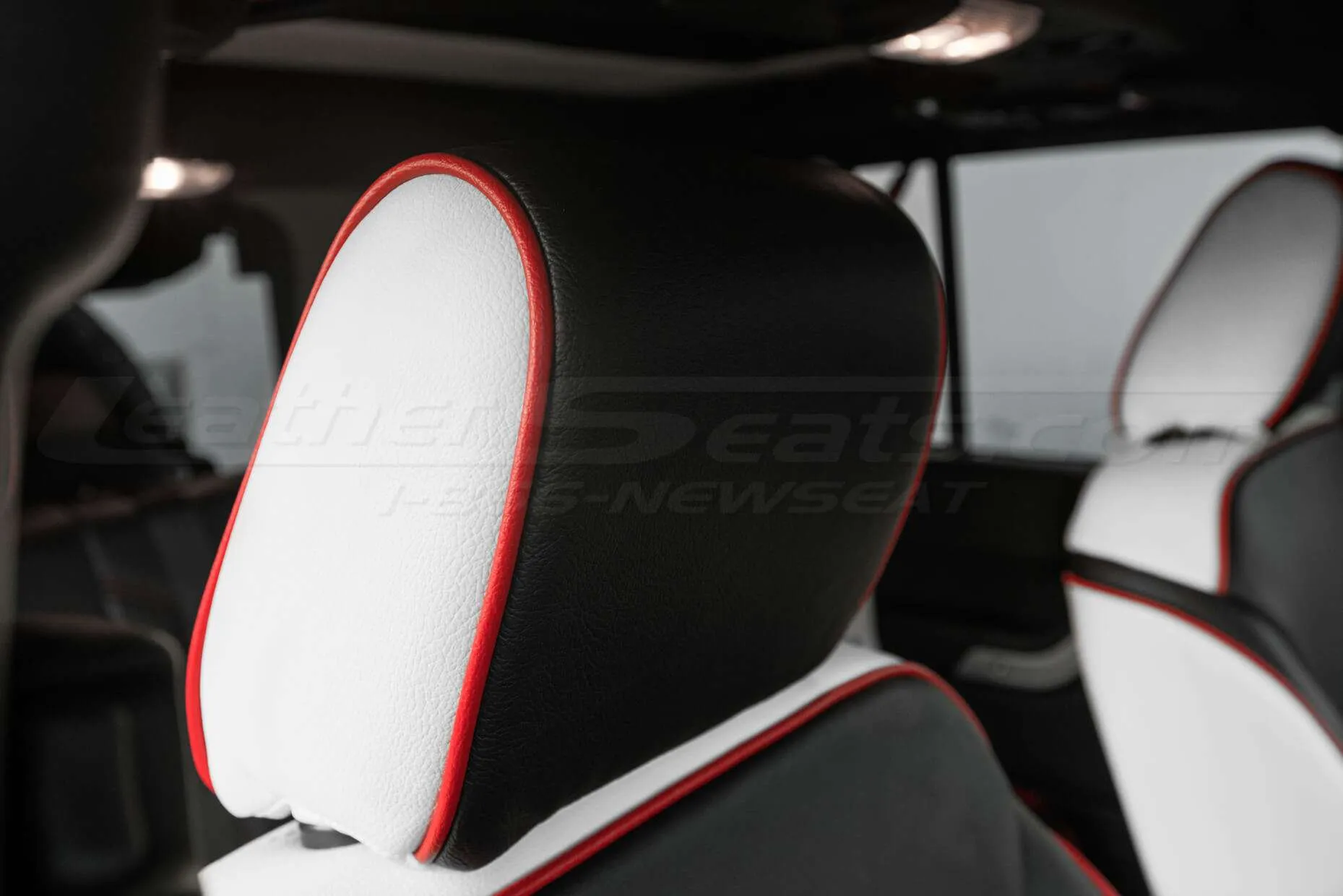 2013-2018 Jeep Wrangler Reticulated Hex installed Upholstery Kit - White/Black/Bright Red - Front headrest with piping