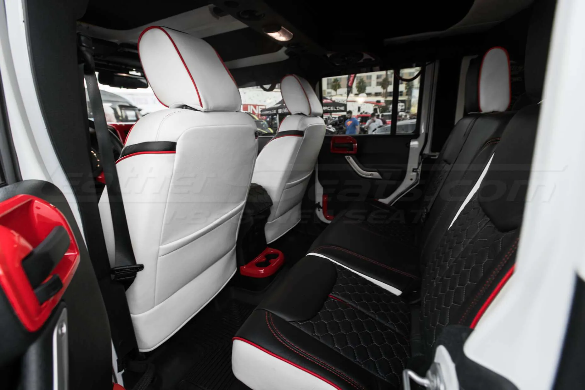 2013-2018 Jeep Wrangler Reticulated Hex installed Upholstery Kit - White/Black/Bright Red - Rear seats from drivers side & back of front seats