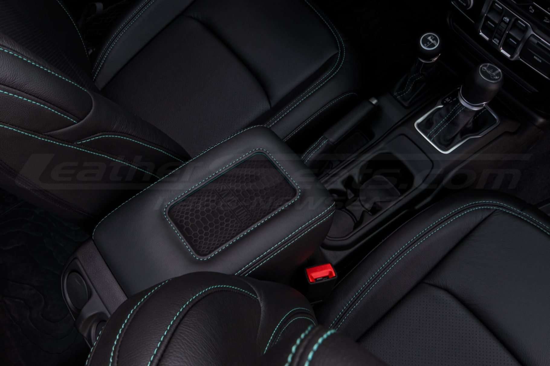 Overhead view of installed jeep phone charging console