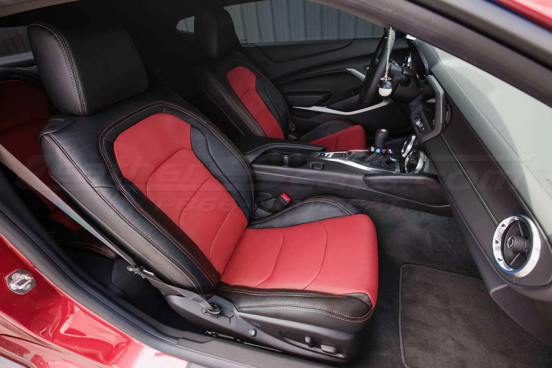 Chevrolet Camaro leather upholstery kit installed - red and black - front passenger seat