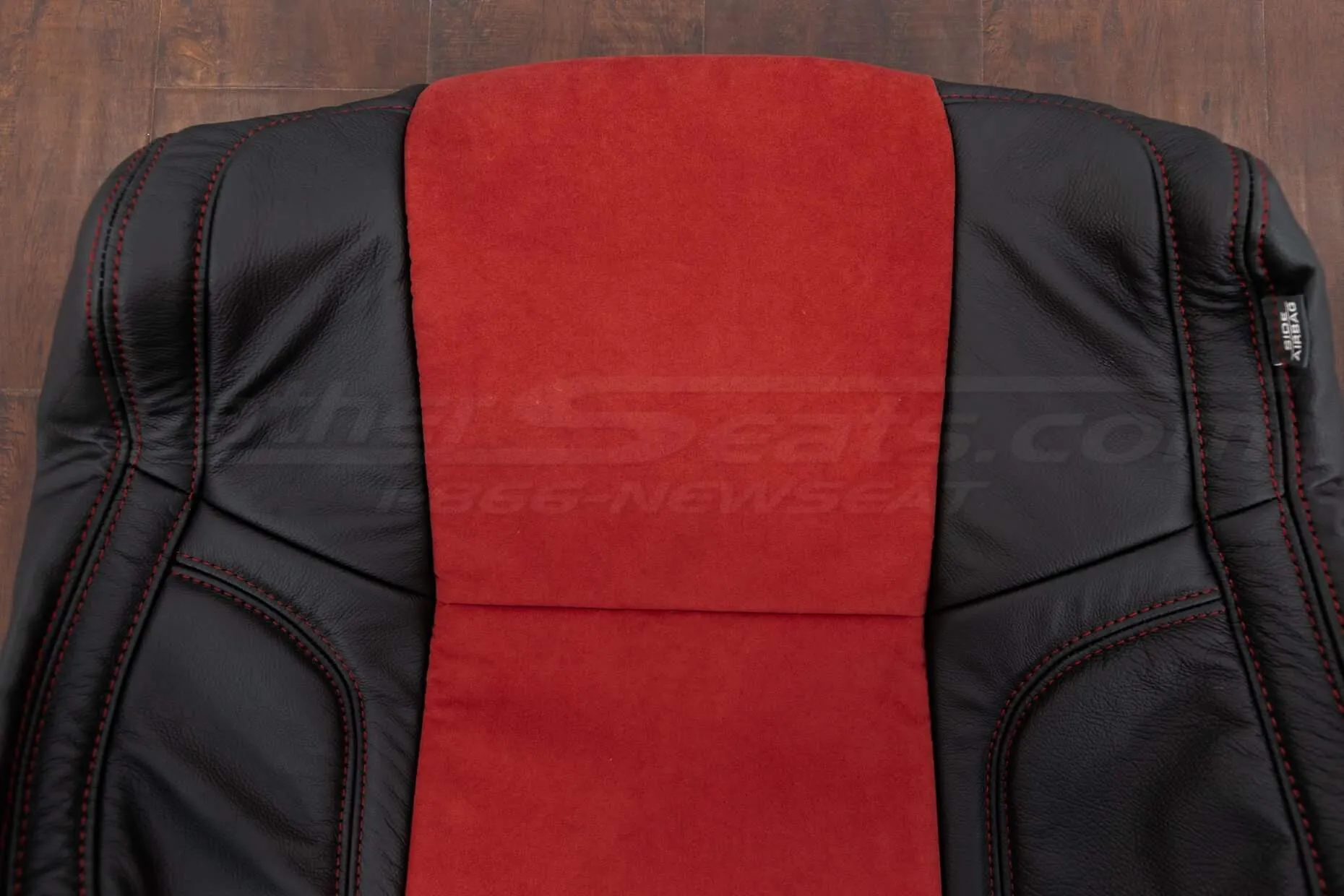 2015-2021 Dodge Challenger Upholstery Kit - Black w/ Red Suede - Front backrest close-up