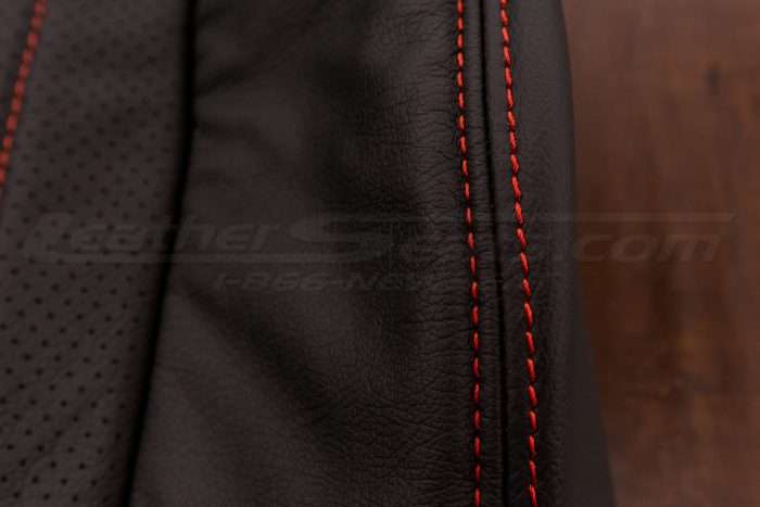 97-02 Chevrolet Camaro Upholstery Kit - Dark Graphite & Bright Red - Side double-stitching close-up