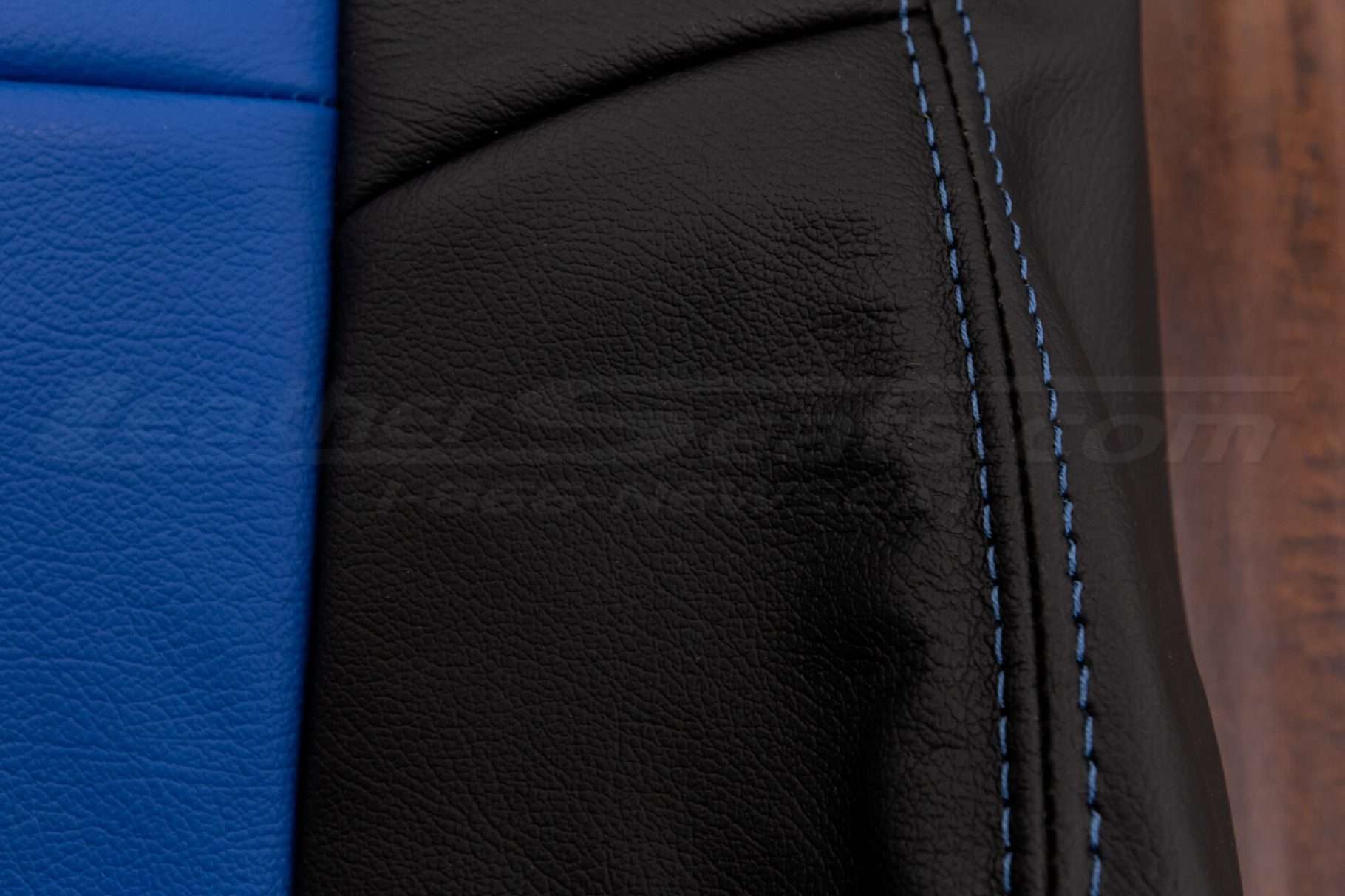 05-08 Toyota Tacoma Leather Kit - Black & Cobalt - Cobalt stitching close-up