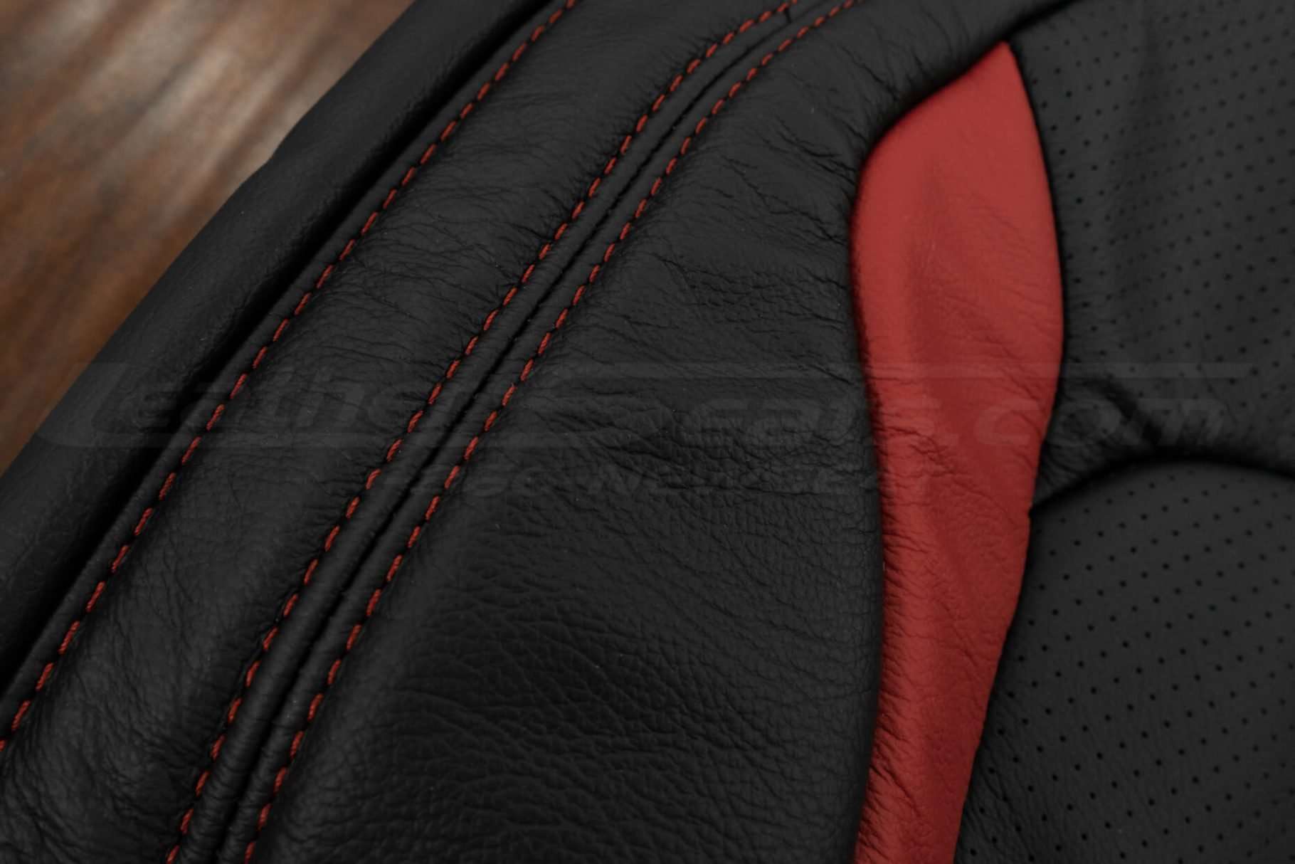 16-21 Chevrolet Camaro Upholstery Kit - Black & Red - Red double-stitching close-up
