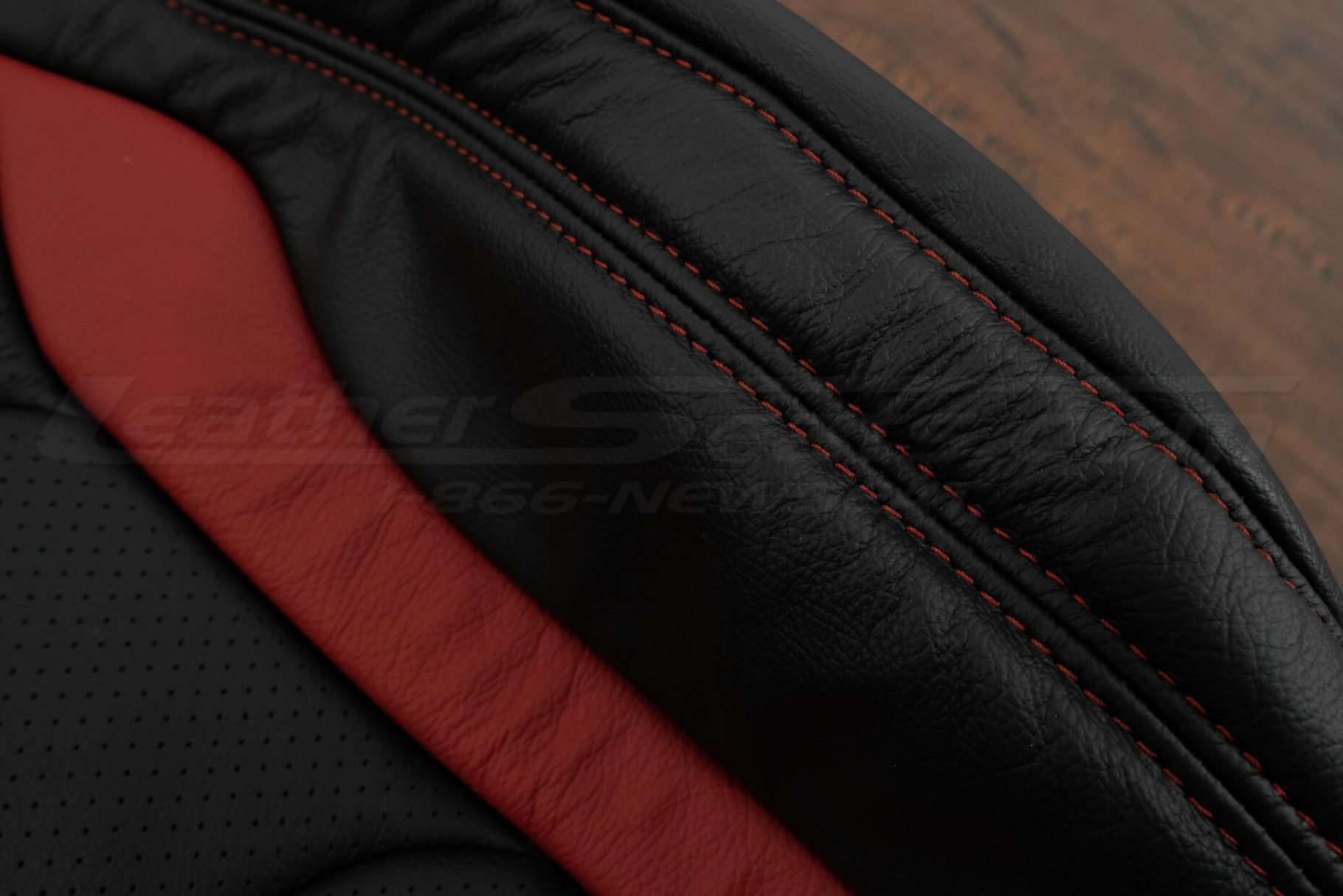 16-21 Chevrolet Camaro Upholstery Kit - Black & Red - Side double-stitching close-up
