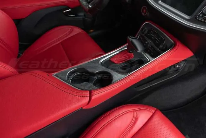 Bright Red leather console, shift boot and side trim for Dodge Challenger Hellcat