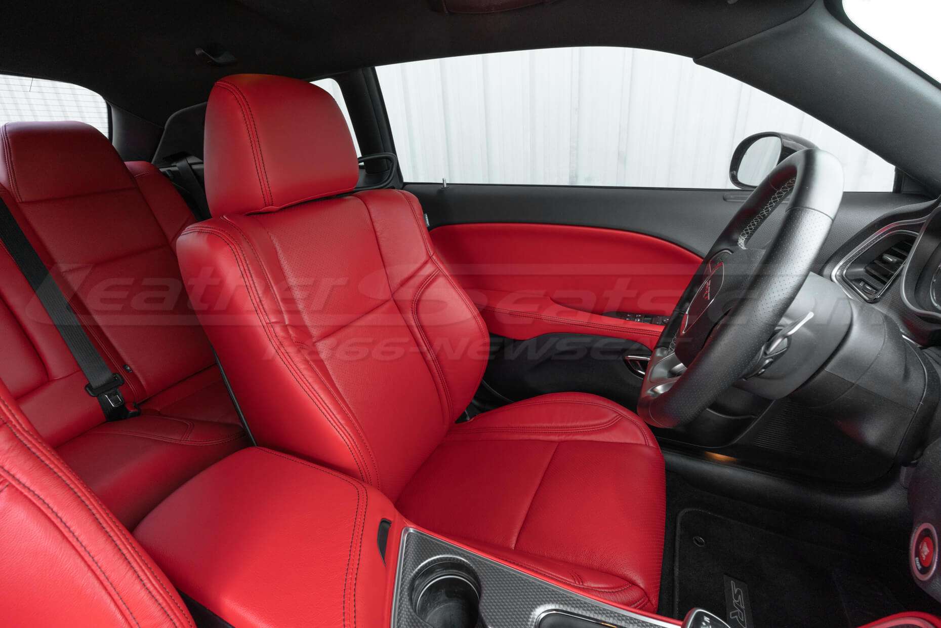 Bright Red Dodge Challenger Leather Seats - Drivers seat from passenger side view