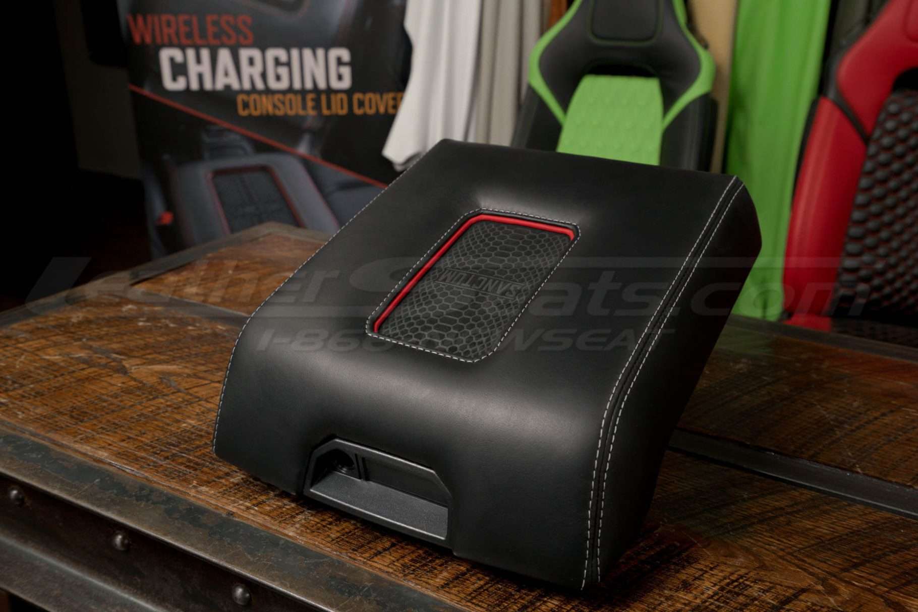 Red trim ring with white stitching Wireless Charging Console for 2015-2020 Ford F150