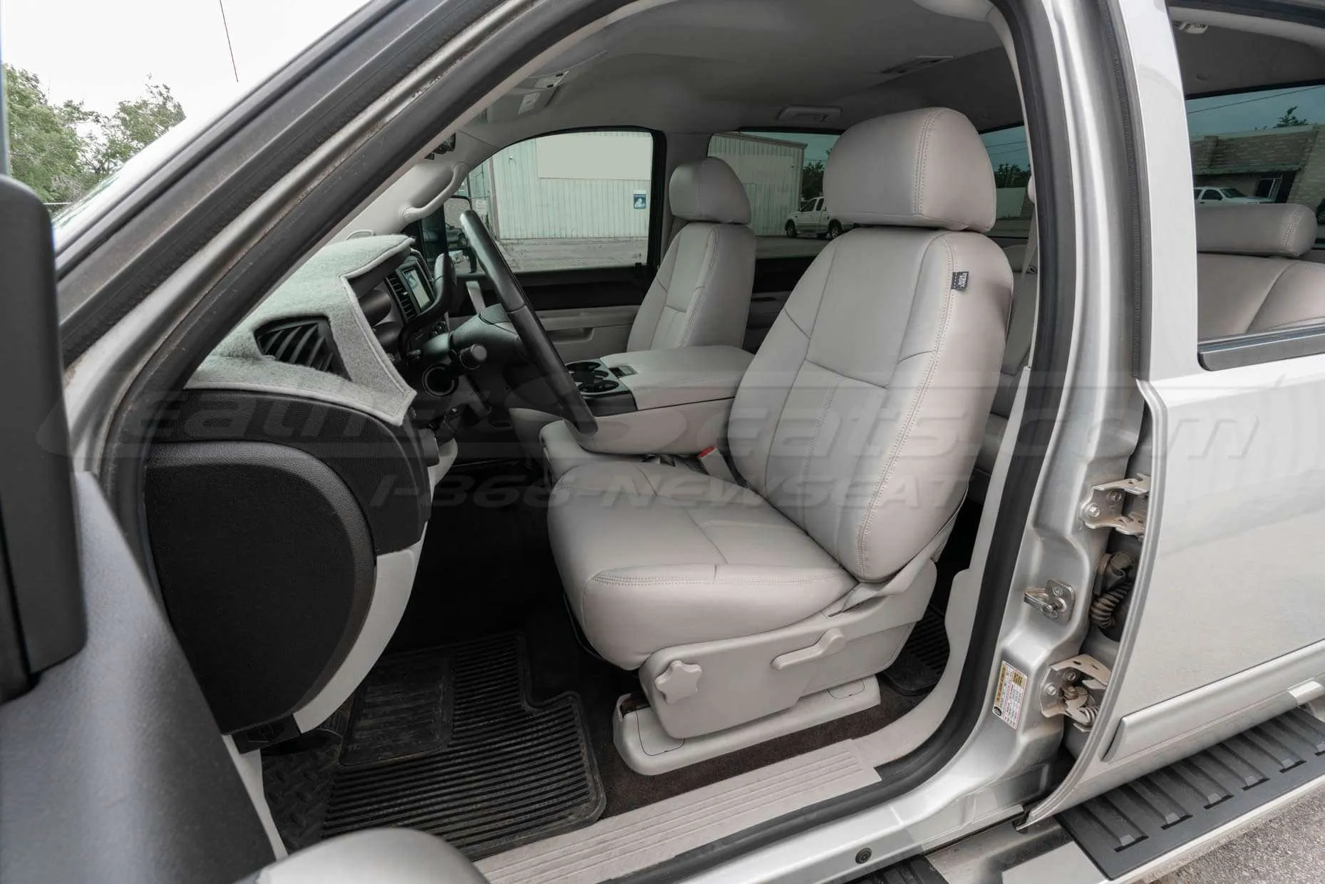 Installed Dove Grey Leather Seats for Chevy Silverado - Wide angle of front driver side
