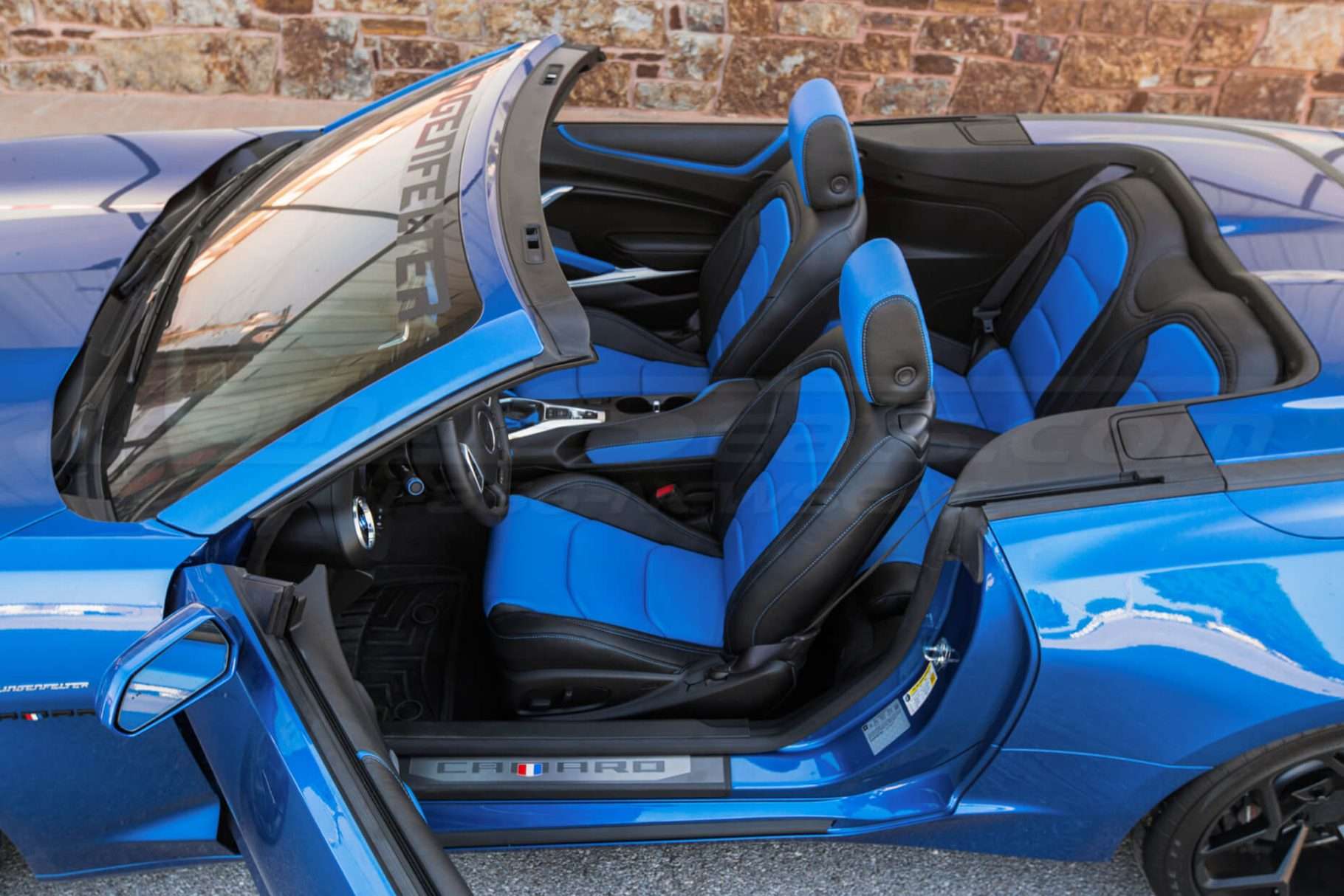 Aerial view of Chevy Camaro with Black and Cobalt Blue leather seats