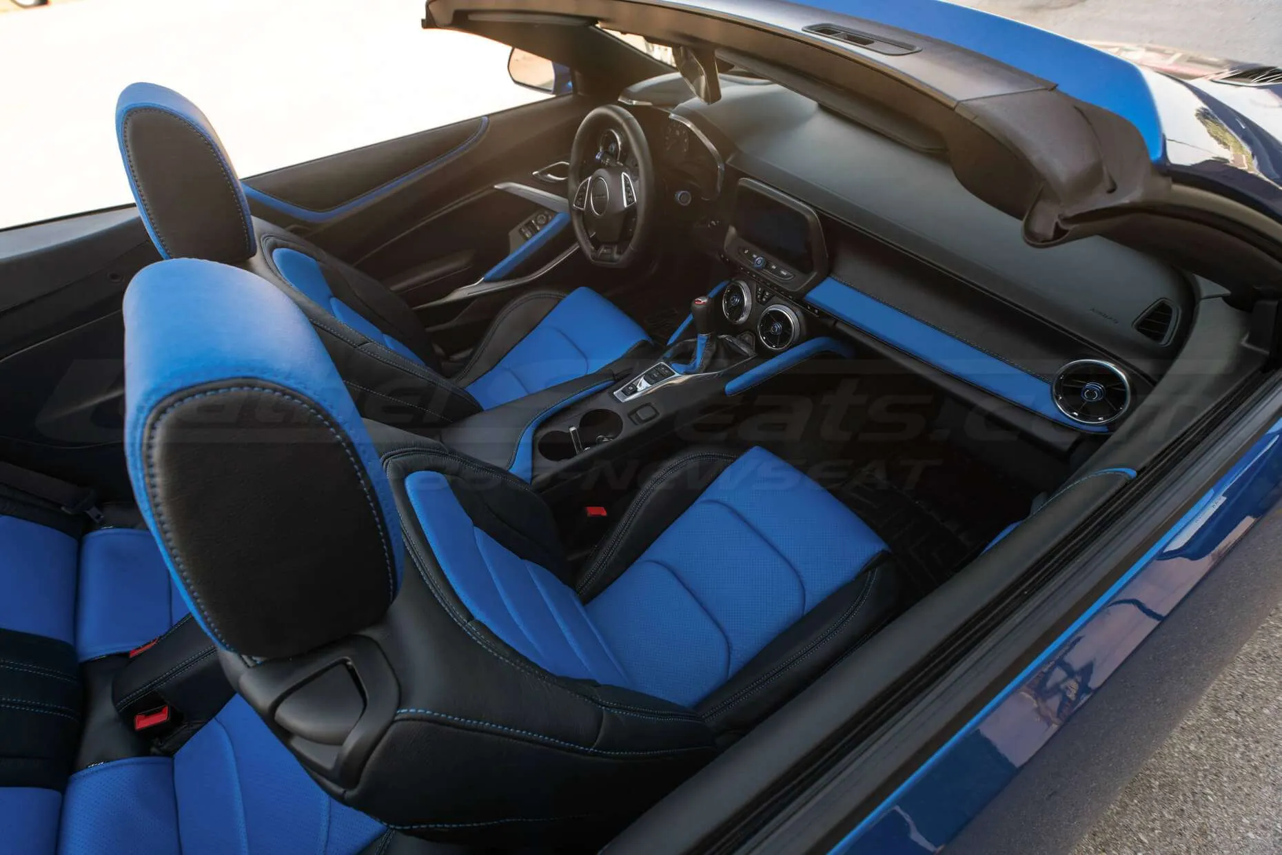 Top-down view of passenger two-tone Chevy Camaro leather seat