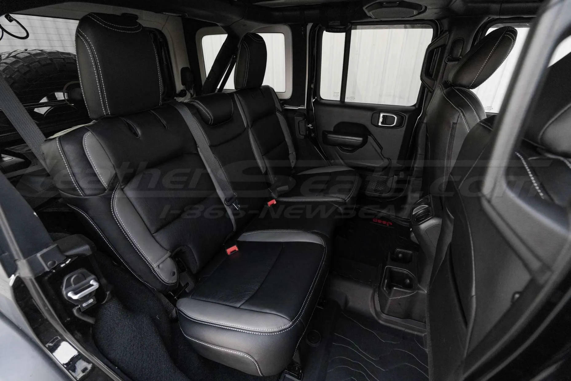 Jeep Wrangler JL Leather Seats - Black with Grey Wings - Rear seats from passenger side