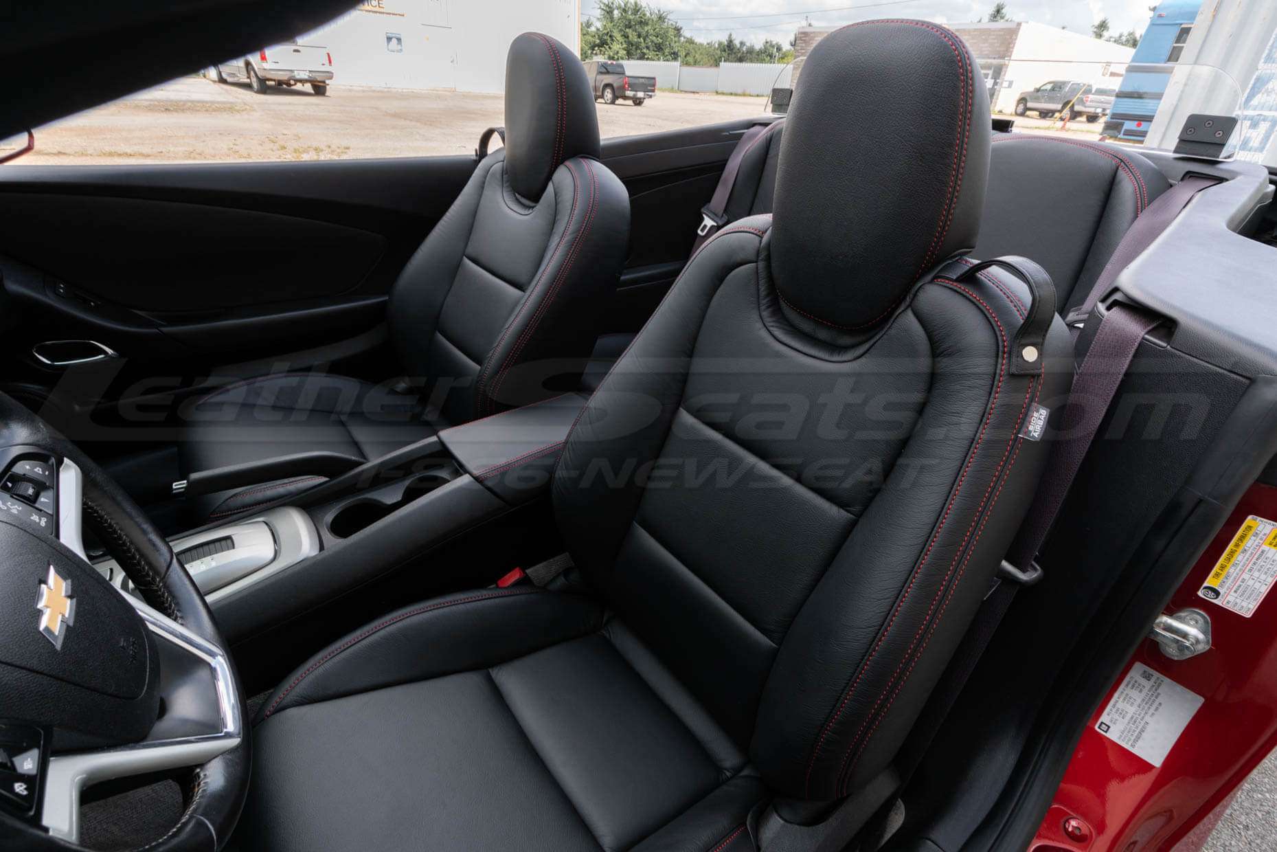 Upper section of installed Camaro leather seats