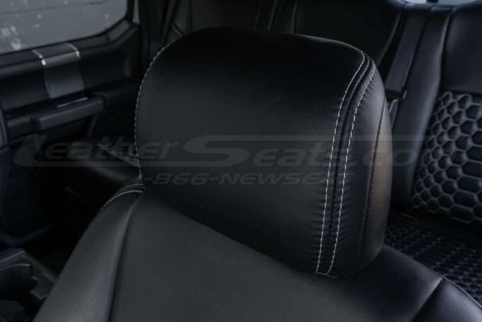 Installed headrest with silver contrasting stitching