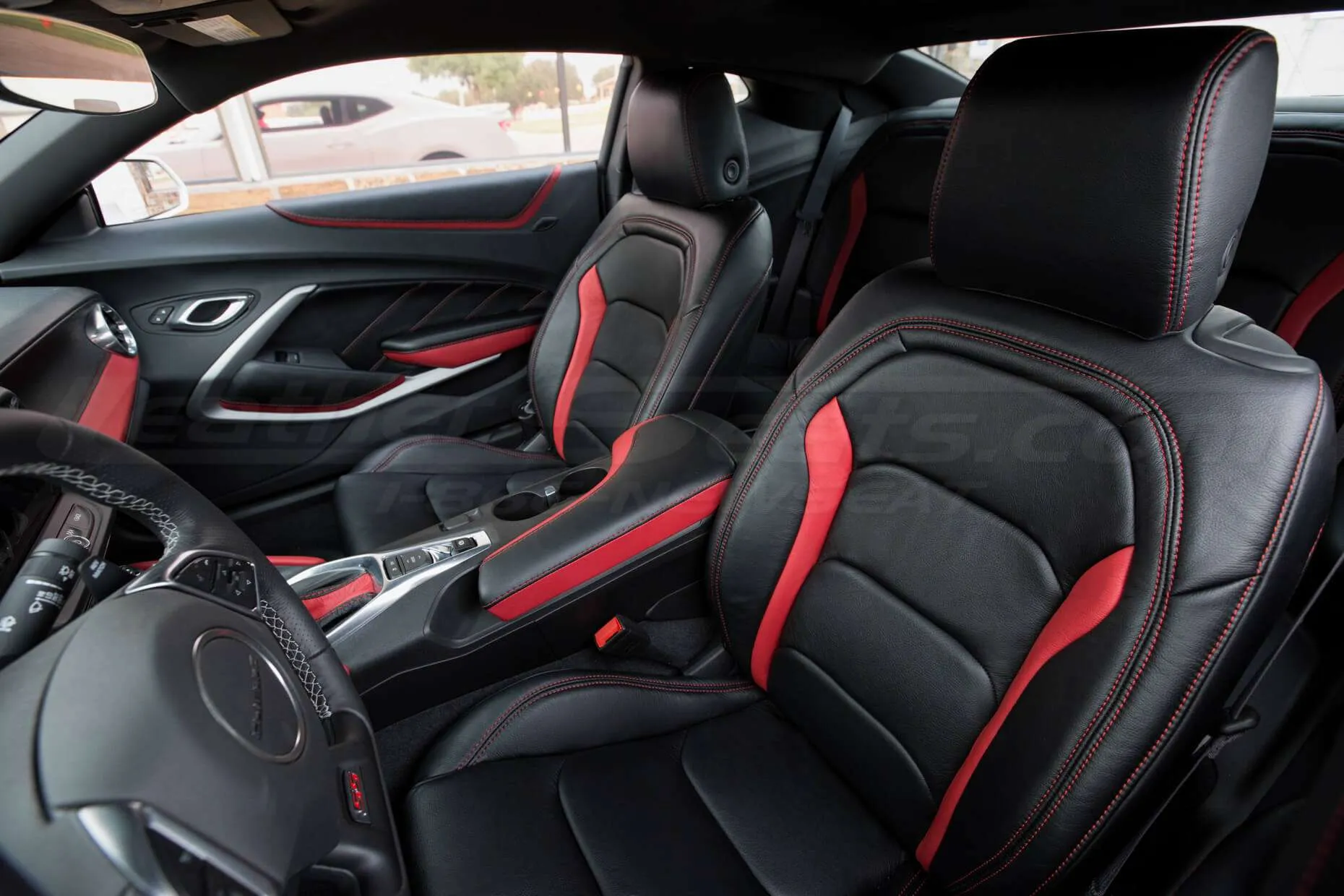 Installed Chevrolet Camaro Leather Seats - Black w/ Bright red Wings - Front backrest up