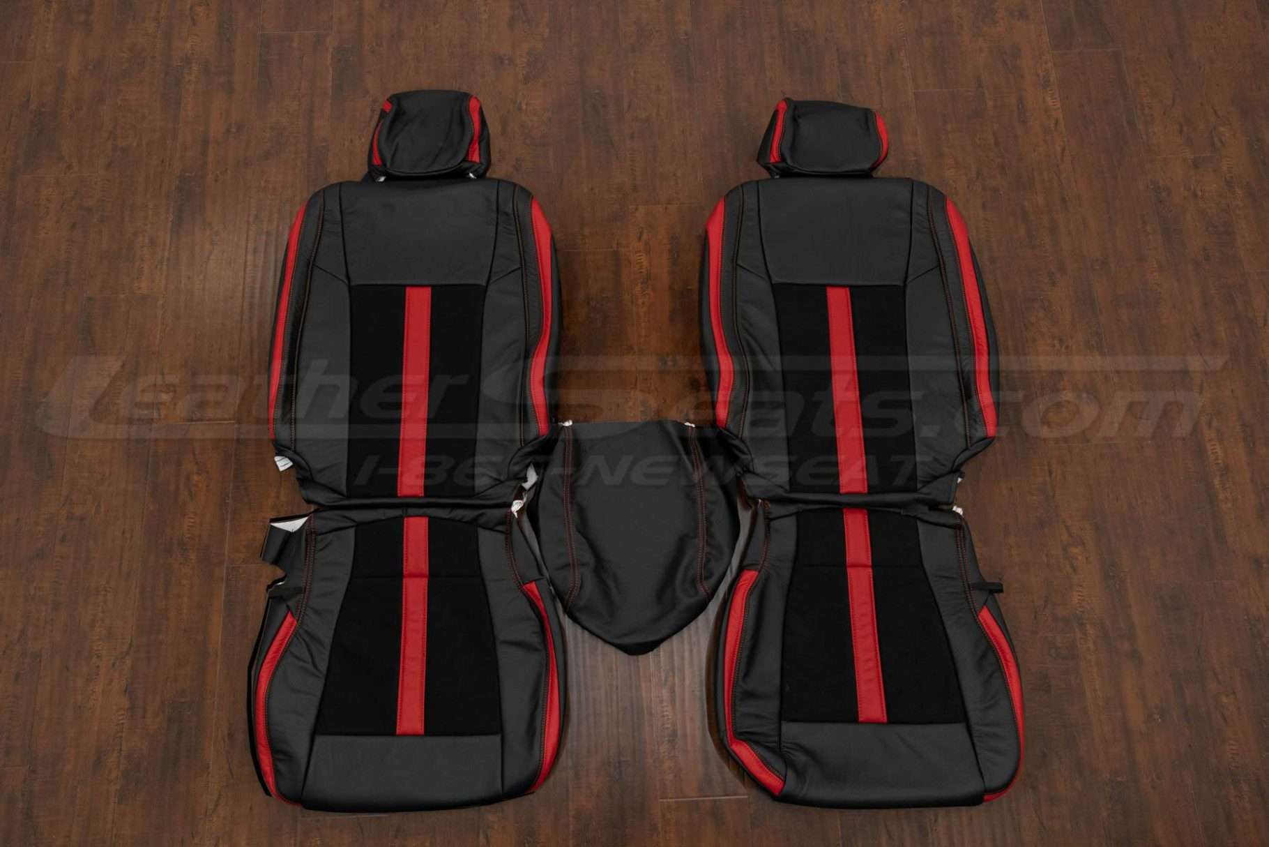 Ford F-150 SuperCrew XLT Leather Seat Kit - Black/Black Suede/Bright Red - Front seat upholstery with console