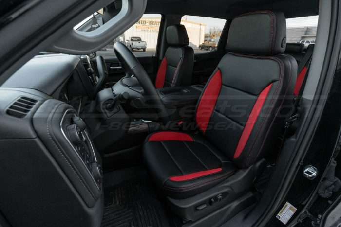 Chevrolet Silverado Crew Cab Installed Leather Seats - Black with Red Suede wings - Front driver hero shot