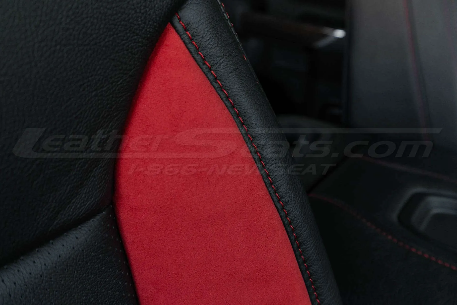 Red suede with red stitching close-up