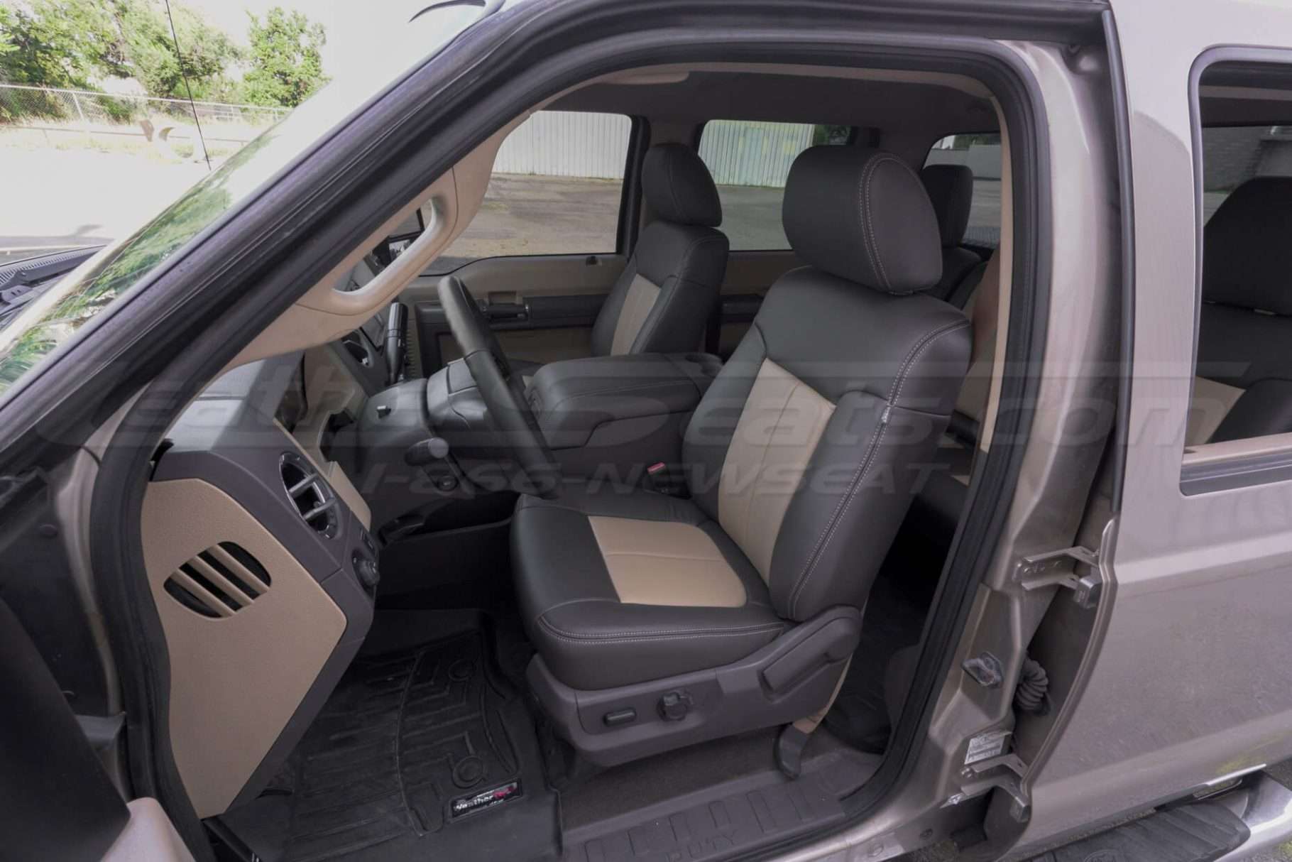 Ford F250 Installed Leather Seats - Dark Brown & Bisque - Front seat wide angle