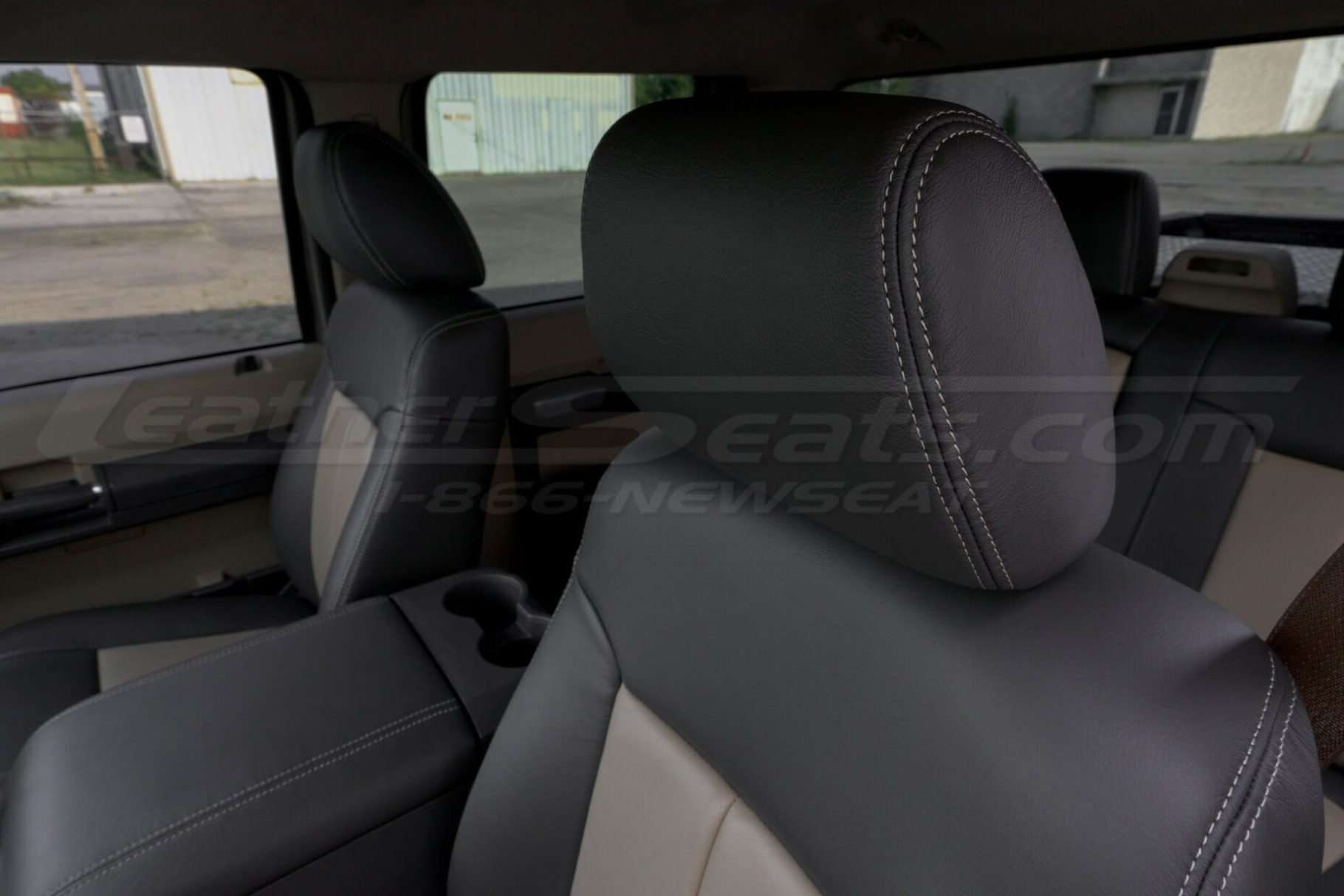 Installed leather headrest close-up